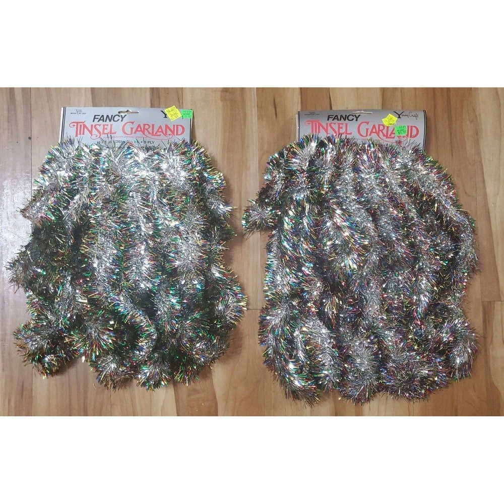 2 Vtg Christmas Holiday Tinsel Garland Multicolored Rainbow 36 Ft Total